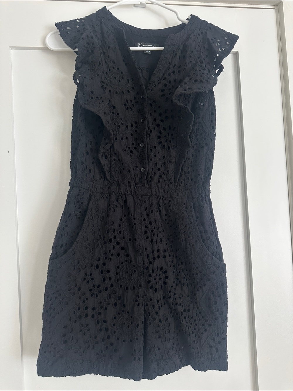 INC International Concepts Black Eyelet Romper with Ruffle Shoulders